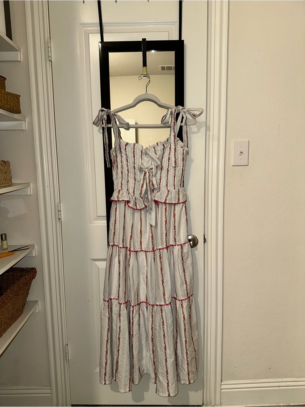 White Tiered Maxi Dress with Red Stripe Detail